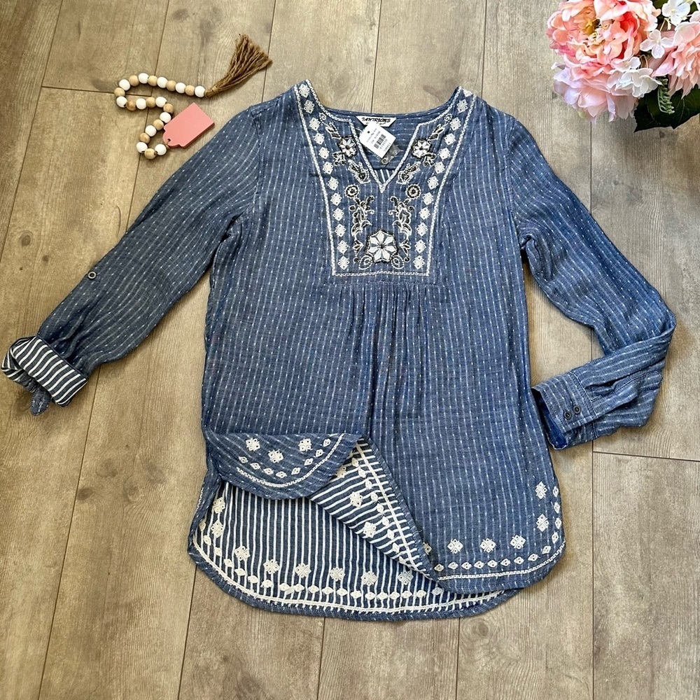 New Boutique Beaded Embroidered Bib Front Bohemian Women's Tunic Blouse Sz Small